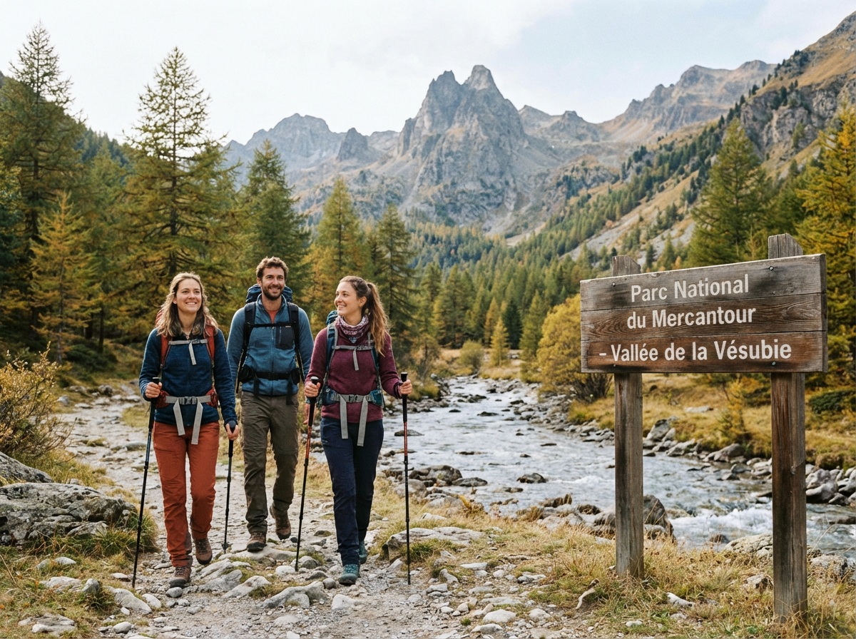 un petit groupe de randonneurs (2-3 personnes) qui baladent dans la vallée de la vésubie