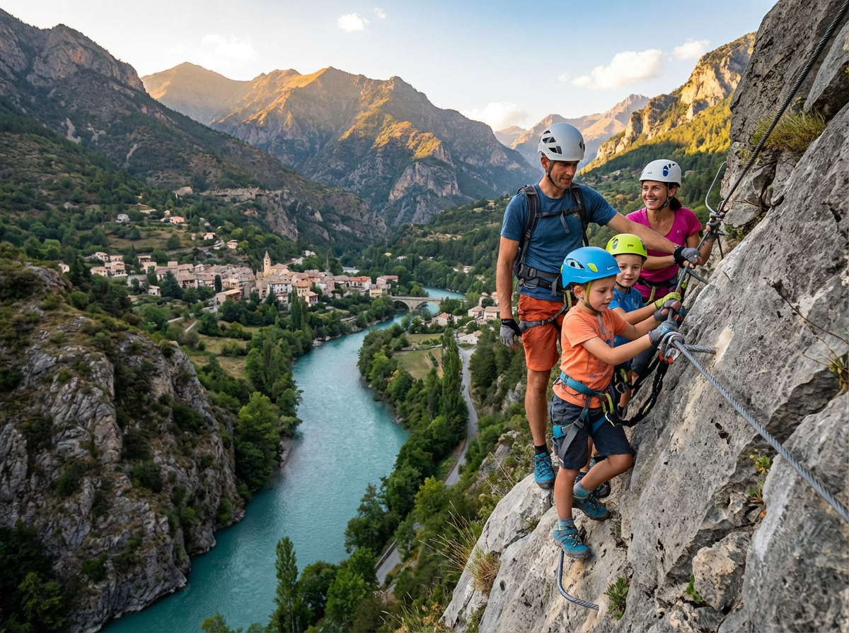 une famille caucasienne qui fait une activité de via feratta dans la vallée de la vésubie 546788